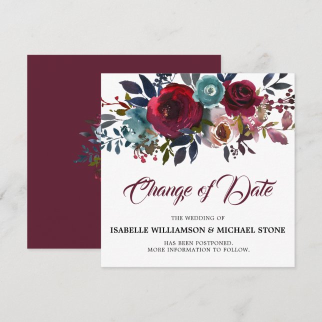 Convite Mudar a Data Floral de Casamento em Burgundy Verme (Frente/Verso)