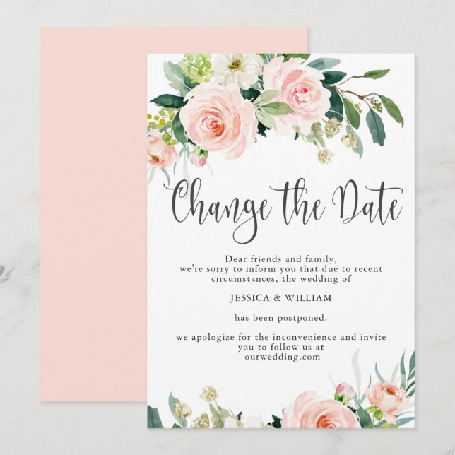 Convite Mudar a Data Rosas Coradas Casamento Adiado (Frente/Verso)