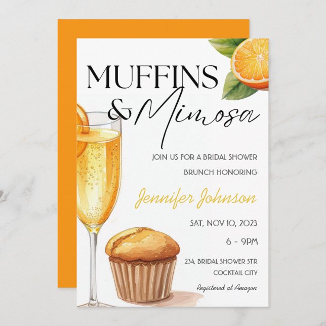 Convite Muffins e Mimosa Orange Chá de panela Brunch (Frente/Verso)