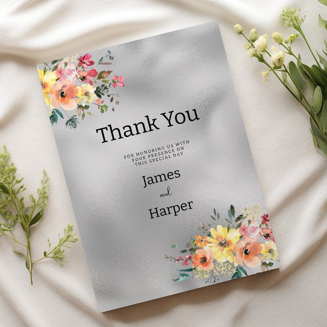 Convite Muito obrigada pelo tema floral prata rosa laranja (Silver pink orange mint floral theme Thank You )