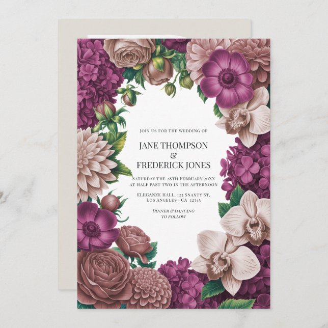 Convite Mulberry, Mauve Clay & Soft Fig Wedding Invitation (Frente/Verso)