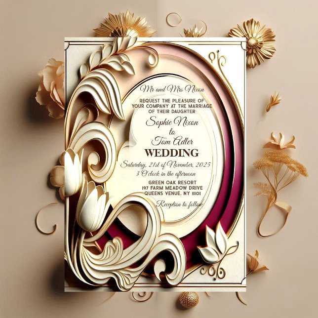 Convite Mulberry Tulip Baroque Grandeur Gold Faux Wedding (Mulberry Tulip Baroque Grandeur Gold Faux Wedding Invitation)