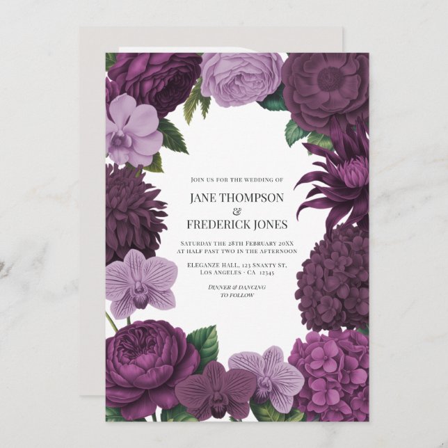 Convite Mulberry Wine, Deep Fig & Dusty Lavender Wedding (Frente/Verso)