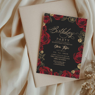 Convite Mulher Aniversário Vermelho Dourado Rosas