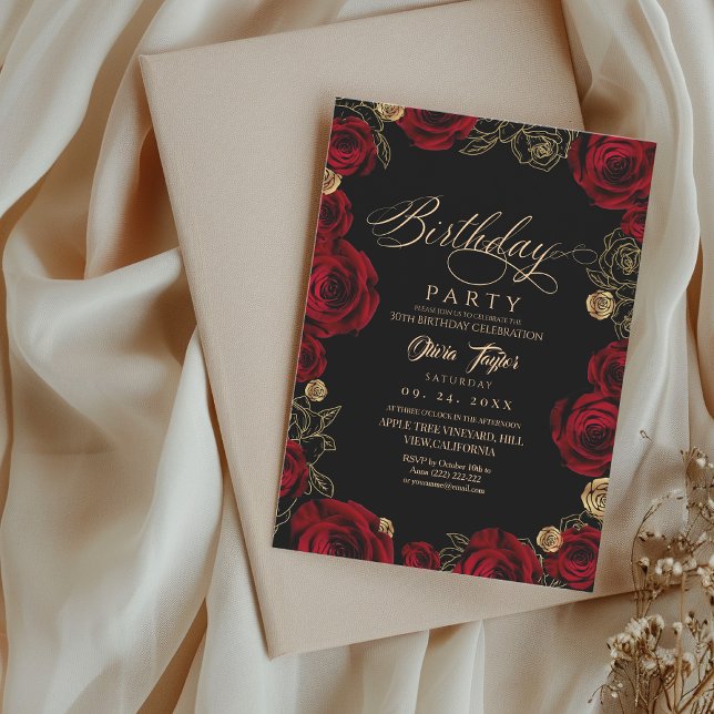 Convite Mulher Aniversário Vermelho Dourado Rosas (Criador carregado)