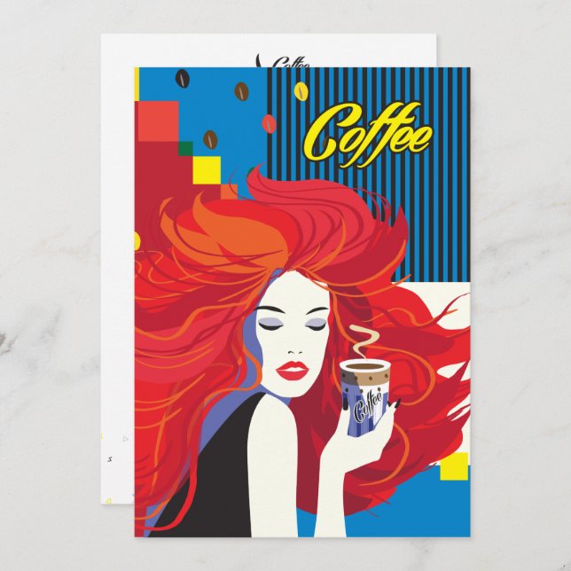 Convite "Mulher Bonita da Moda com Xícara de Café" Arte Po (Frente/Verso)