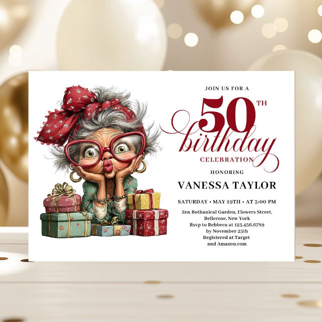 Convite Mulher Caprichosa e Divertida Aniversário de 50 an (Lovely Whimsical Woman 50th Birthday Humor Party Invitation)
