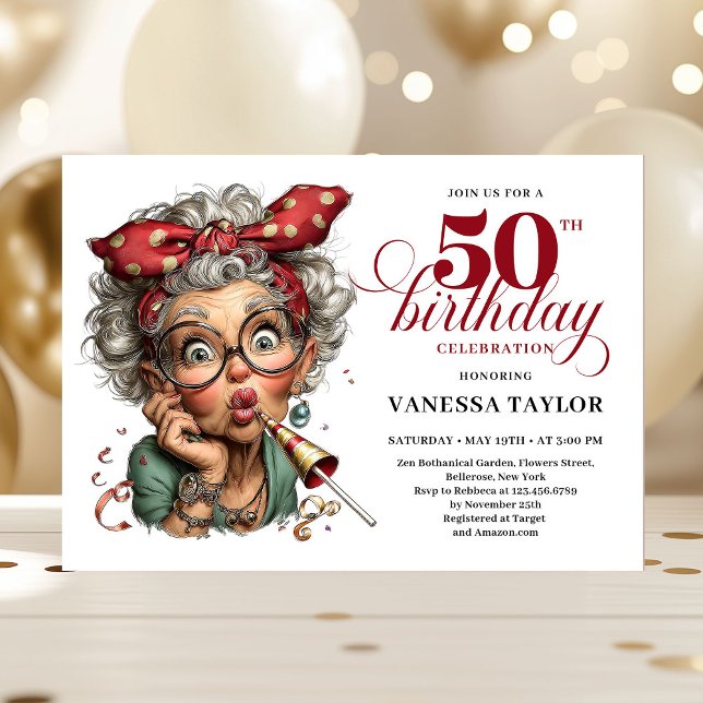 Convite Mulher Caprichosa e Excêntrica Aniversário de 50 A (Stylish Whimsical Woman 50th Birthday Funny Cartoo Invitation)