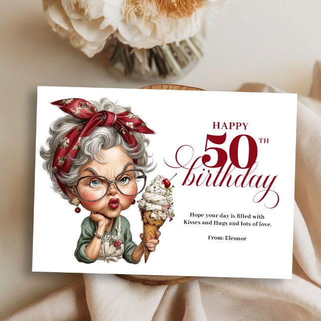 Convite Mulher Caprichosa Simpática Aniversário de 50 anos (Funny fabulous 50 card whimsical lady birthday)