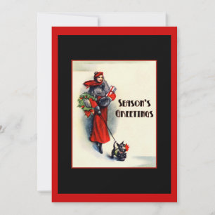 Convite Mulher com casaco vermelho com Scottish Terrier na