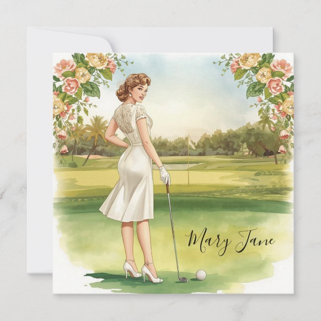 Convite Mulher de golfe jogadora de golfe no campo de golf (Frente)