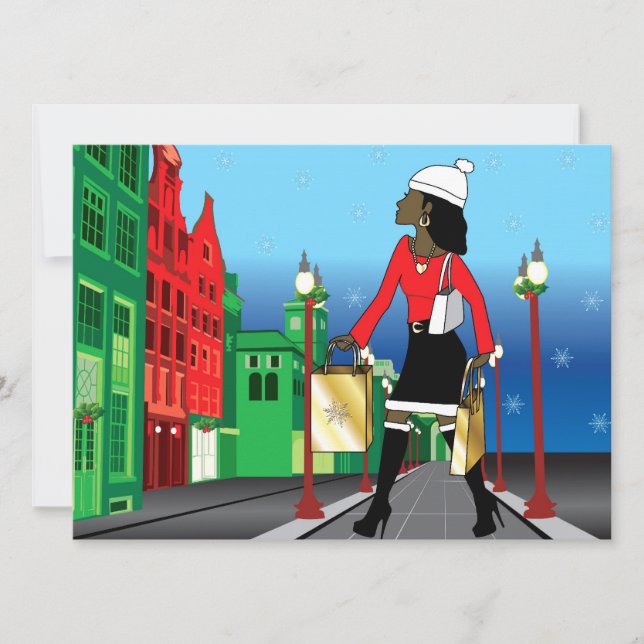 Convite Mulher de Natal comprando com bolsas vestidas de m (Frente)