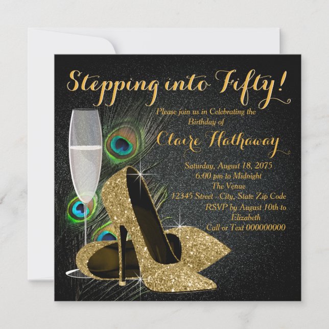 Convite Mulher Dourada Festa de aniversário Peacock (Frente)