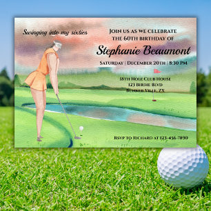 Convite Mulher Elegante Jogadora de Golfe Balançando 60º A