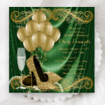 Convite Mulher Emerald Green e Dourada Festa de aniversári<br><div class="desc">Convite de aniversário verde esmeralda e ouro da mulher apresentando belos calçados de salto alto, brilho dourado, balões de ouro, champanhe e pérolas em um fundo de satin verde esmeralda glamouroso e luxuoso. Este elegante convite de aniversário verde e dourado é facilmente personalizado para o seu evento simplesmente adicionando os...</div>