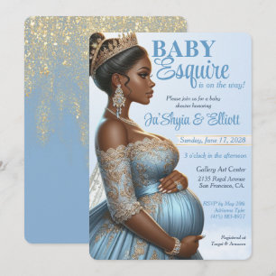 Convite Mulher Étnica Chuveiro de Bebê Azul e Dourado Real