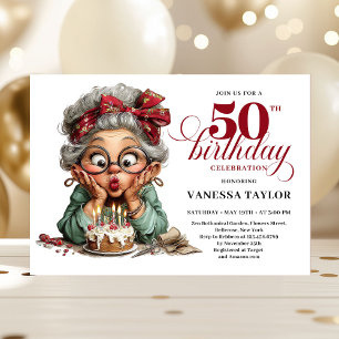 Convite Mulher Excêntrica Doce Aniversário de 50 anos Humo