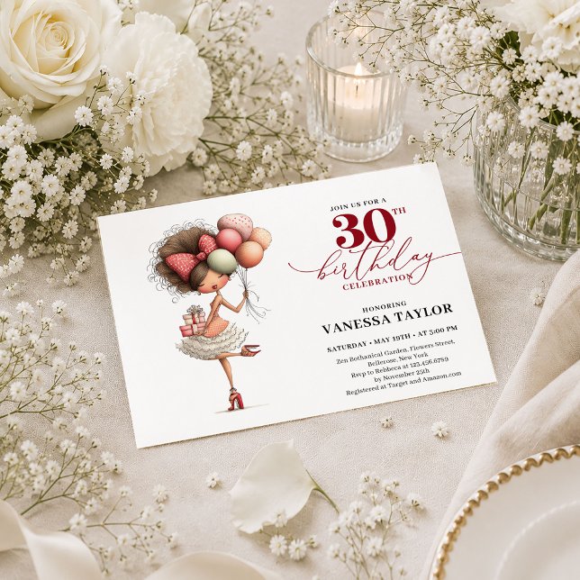 Convite Mulher Excêntrica na Moda Aniversário de 30 anos G (Trendy Quirky Woman 30th Birthday Deep Red Script Invite

)