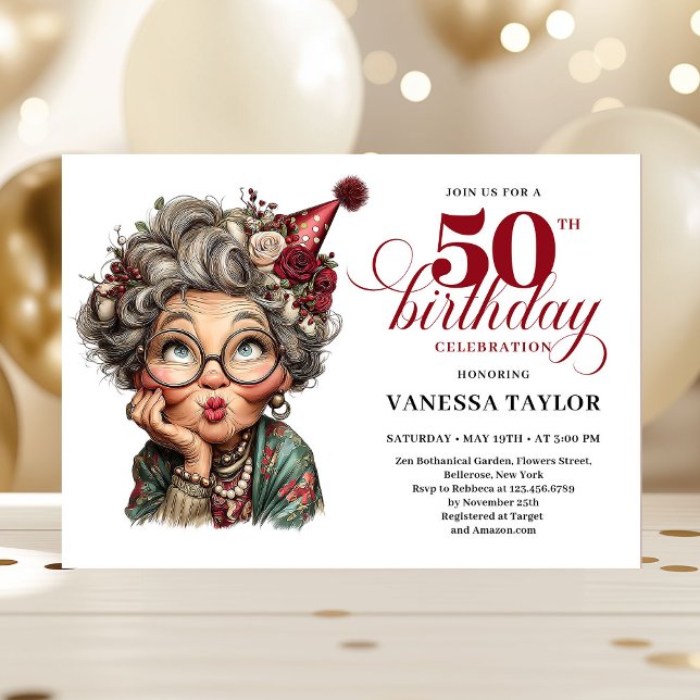 Convite Mulher Excêntrica Rústica Aniversário de 50 anos H (Rustic Quirky Woman 50th Birthday Whimsical Humor Invitation)