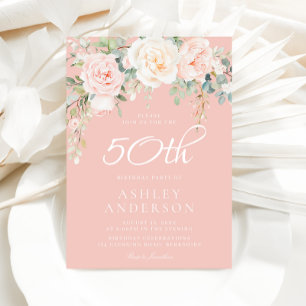 Convite Mulher Floral Rosa Blush 50º Aniversário