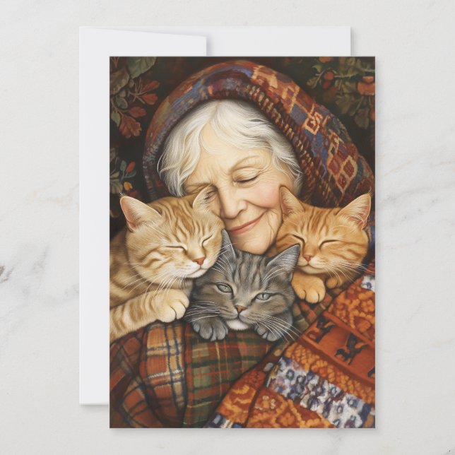 Convite Mulher Idosa Embarcando Três Gatos Cozy (Frente)