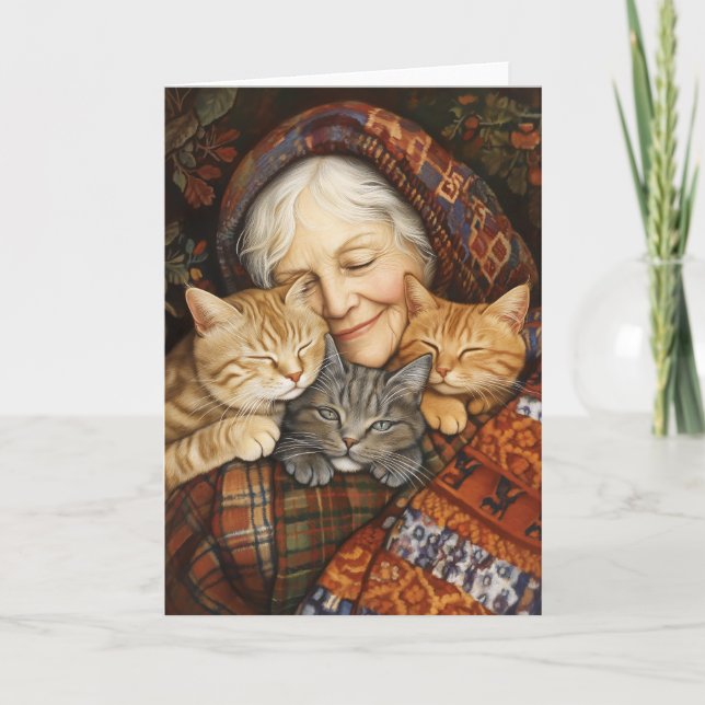 Convite Mulher Idosa Embarcando Três Gatos Cozy (Frente)