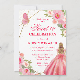 Convite Mulher Loira de Vestido Rosa Flores Sweet 16