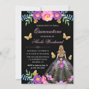 Convite Mulher Loira em Vestido Floral Mexicano Quinceañer