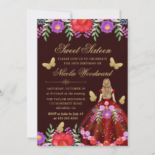 Convite Mulher Loira em Vestido Floral Mexicano Sweet 16