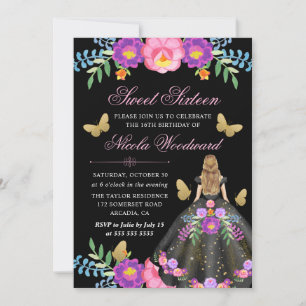Convite Mulher Loira em Vestido Floral Mexicano Sweet 16
