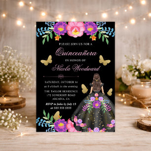Convite Mulher Morena de Vestido Floral Mexicano Quinceane