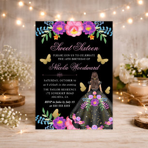 Convite Mulher Morena de Vestido Floral Mexicano Sweet 16