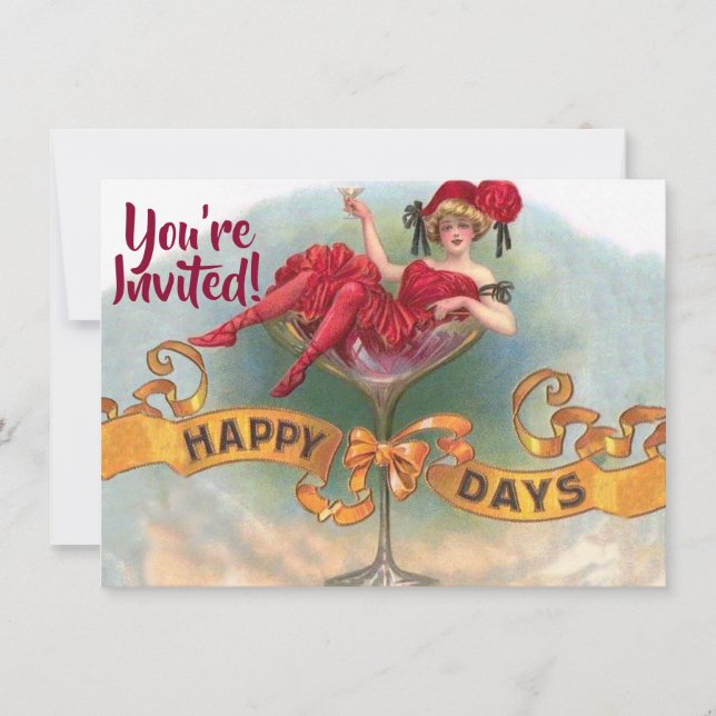 Convite Mulher Vitoriana Champagne Vermelho Feliz (Frente)