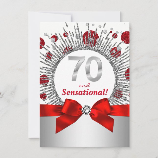 Convite Mulheres 70 Festa de aniversário Vermelho e Prata (Frente)