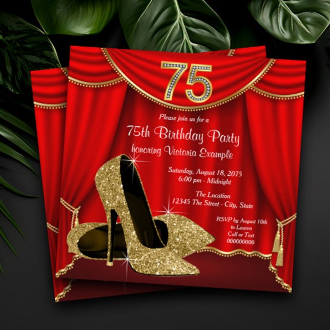 Convite Mulheres 75.o aniversário (Womans elegant red and gold 75th birthday party invitation. Simply add your event details.)