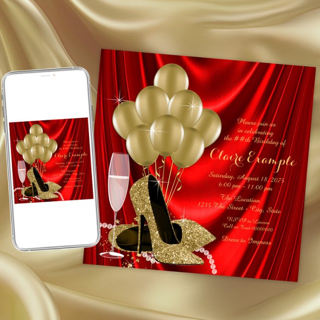 Convite Mulheres, Red e Dourada Satin (Elegant red and gold shoe any event invitation. Instant download and printed invitations available.)