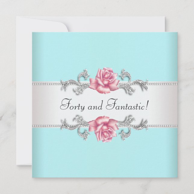 Convite Mulheres Teal Pink Roses Elegante aniversário de 4 (Frente)