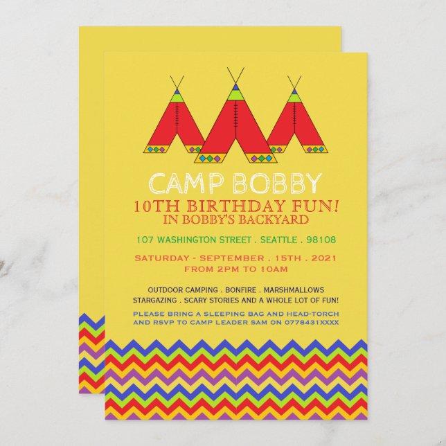 Convite Multicolor Chevron Tipi, Camping Birthday (Frente/Verso)