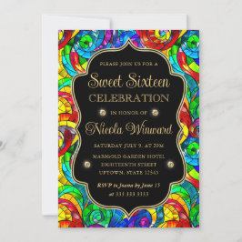 Convite Multicolor e Vidro Manchado Dourado Sweet 16