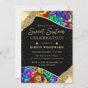 Convite Multicolor e Vidro Manchado Dourado Sweet Sixteen