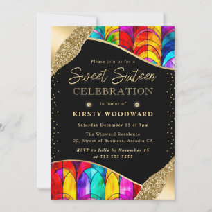 Convite Multicolor e Vidro Manchado Dourado Sweet Sixteen