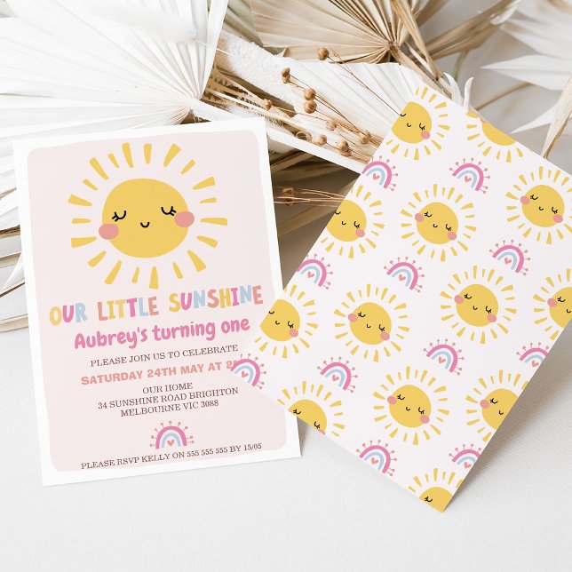 Convite Multicolor Nosso Pequeno primeiro aniversario Sol (Our Little Sunshine 1st Birthday Invitation, Girl Summer Birthday, Girls Sun First Birthday Party, )