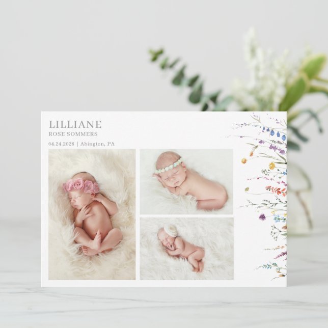 Convite Multicolor Wildflower Baby Photo Announcement Card (Em pé/Frente)