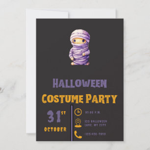 Convite Múmia Branco e Roxo Halloween Preto Moderno