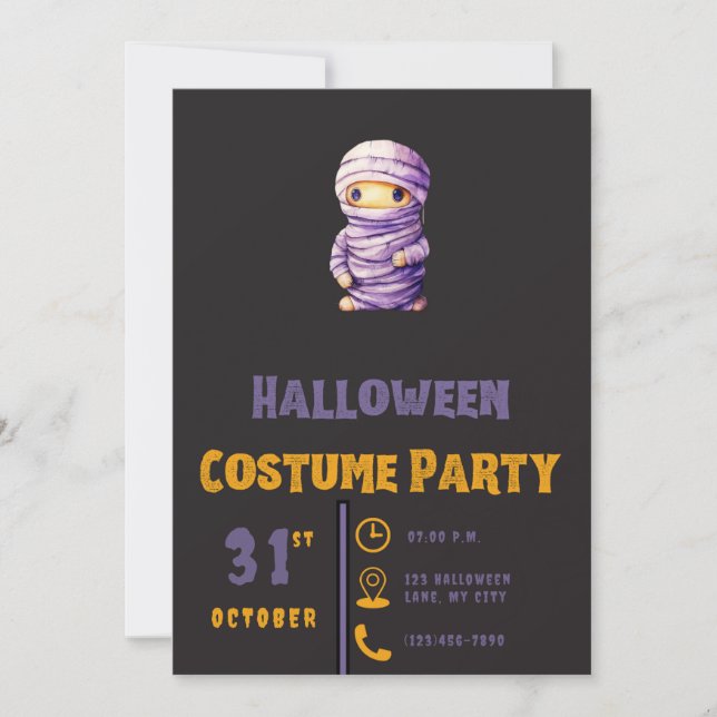 Convite Múmia Branco e Roxo Halloween Preto Moderno (Frente)