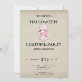 Convite Múmia Listrada de Rosa e Branco Halloween Vintage