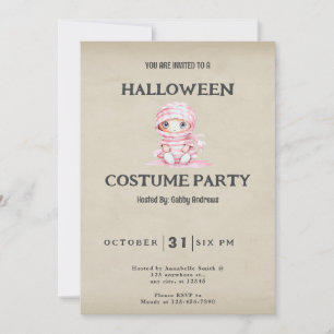 Convite Múmia Listrada de Rosa e Branco Halloween Vintage
