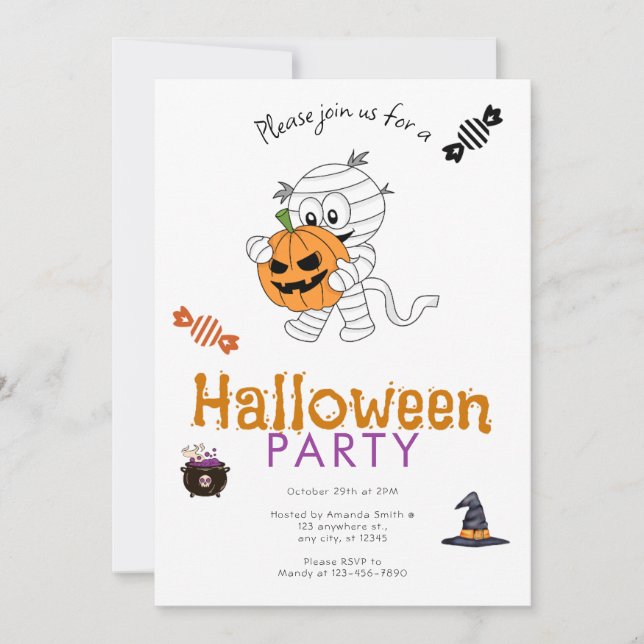 Convite Múmia Organiza Festa de Halloween com Abóbora (Frente)