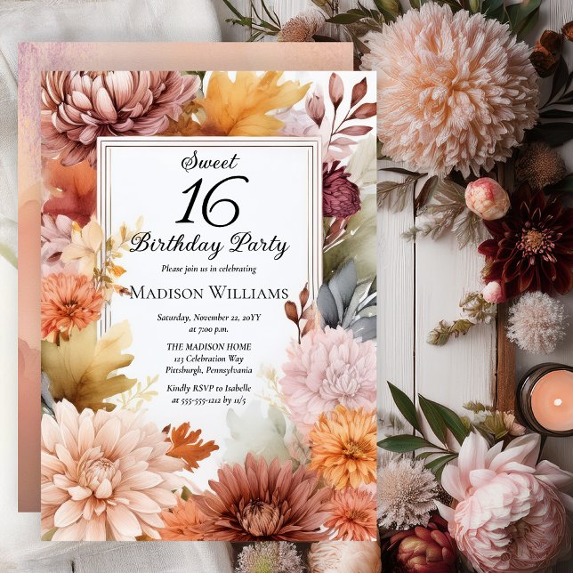 Convite Mums | Peonies Floral Sweet 16 Birthday Party (Elegant Boho Chrysanthemums and Peonies Floral Sweet 16 Birthday Party Invitation - Print | Digital)