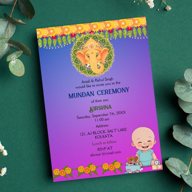 Convite Mundan Ceremony Ganesha Logotipo Floral Mínimo (Criador carregado)